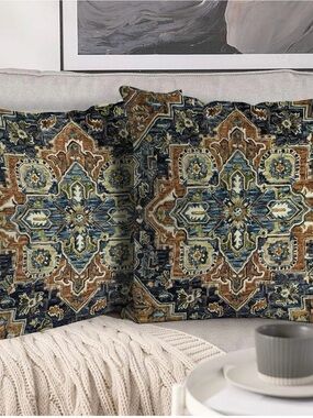 Decorative Medallion Throw Pillow covers Pair in Blue and Brown - 2-Pack